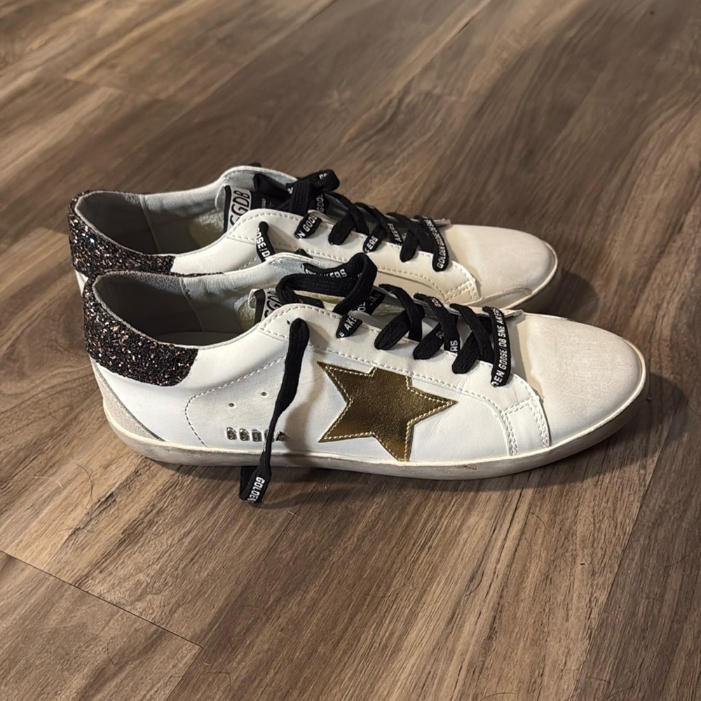 Golden Goose White and Gold Distressed Sneakers